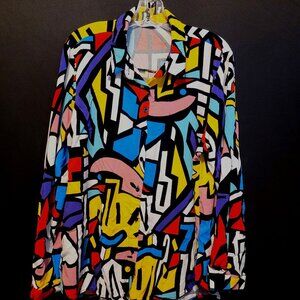 Vintage Abstract Viscose Button Up Shirt Geometric Primary Bright Colors Eur 54